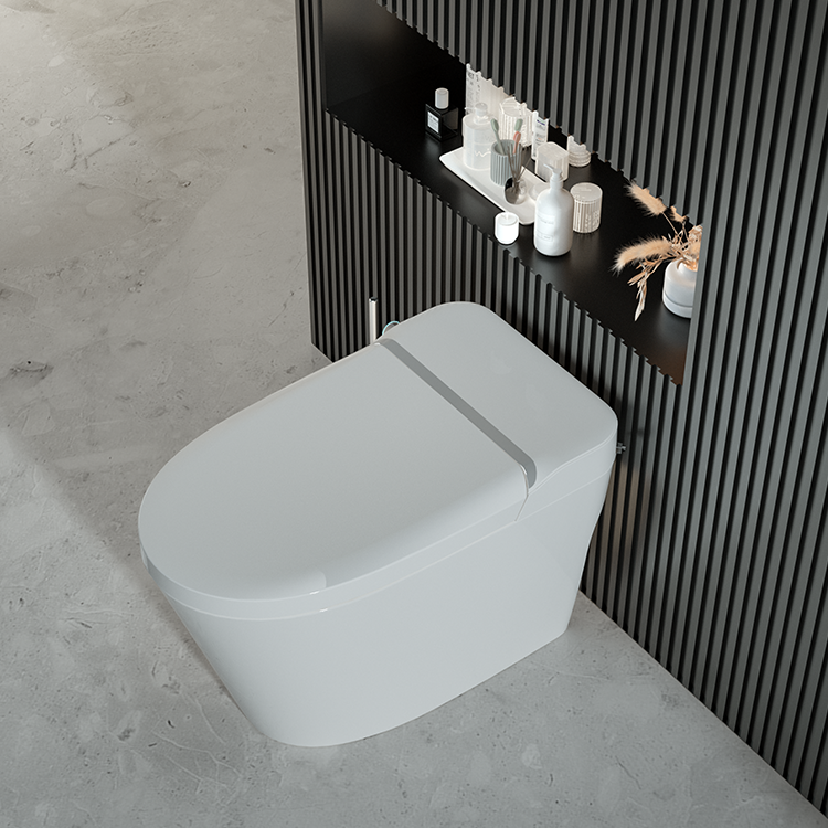 Elegant T2 bidet toilet with premium ABS mirror-finish lid, enhancing modern bathroom interior aesthetics