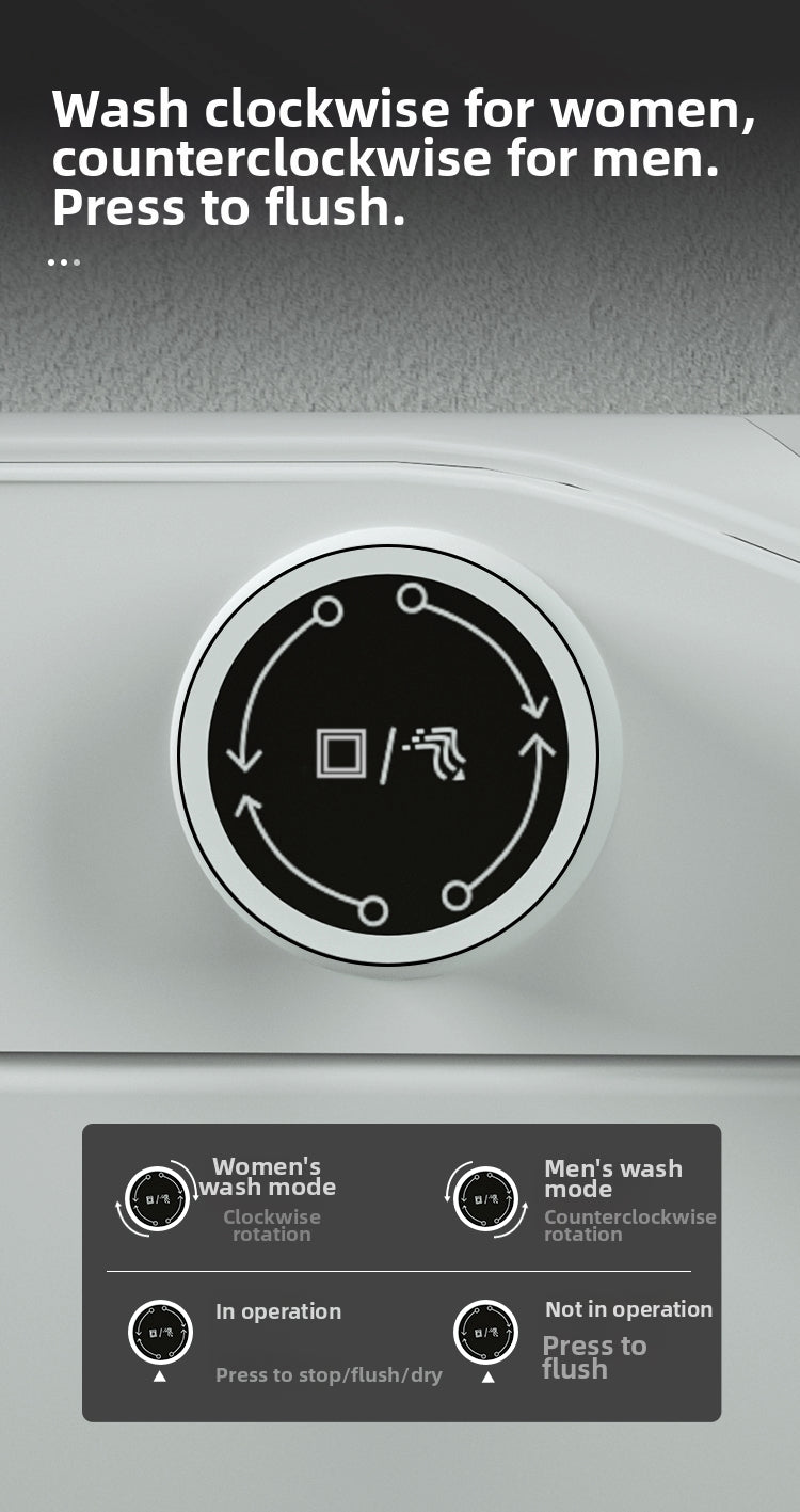 T2 smart toilet side knob control for easy operation of feminine wash, rear wash, and enema functions.