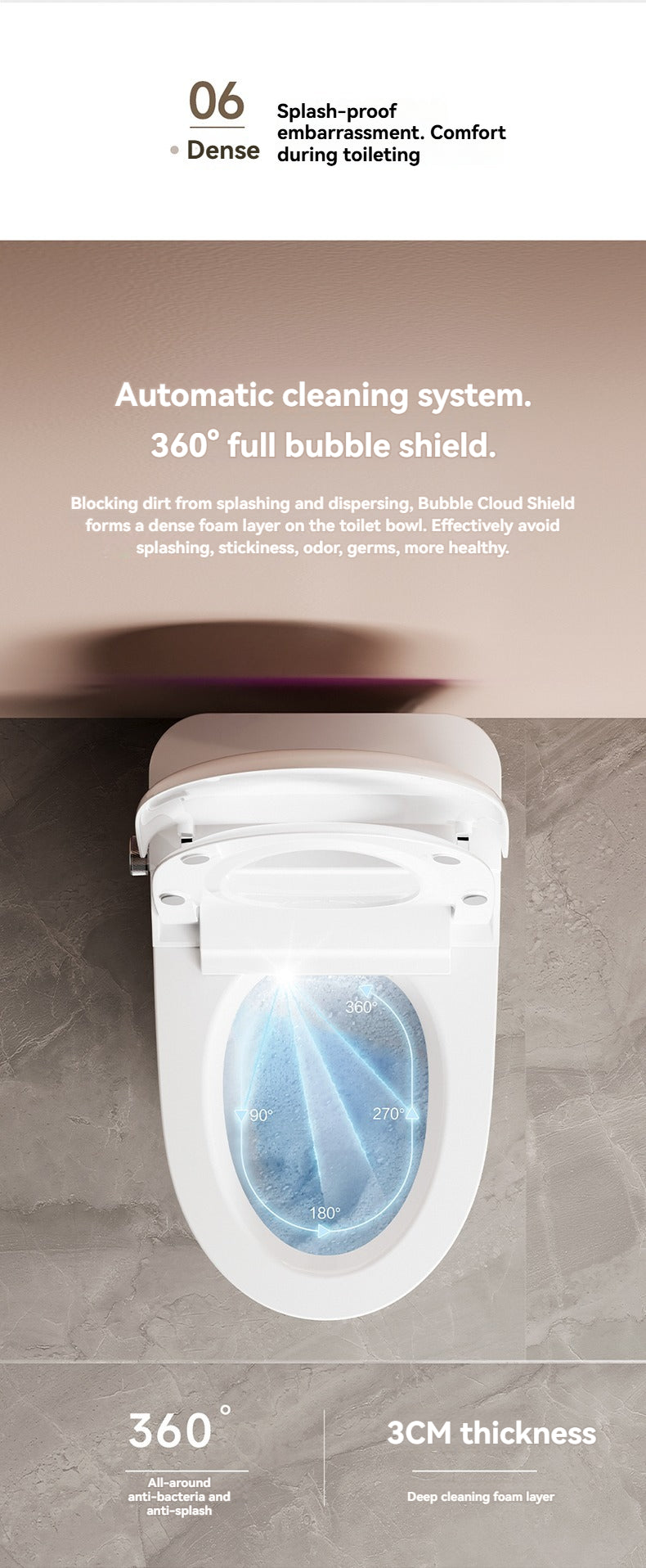 The V1 back outlet bidet toilet features a 360° full-coverage foam shield that coats the entire ceramic bowl with no blind spots. This thick foam layer prevents water splashing and traps odors, keeping your bathroom fresh and clean.