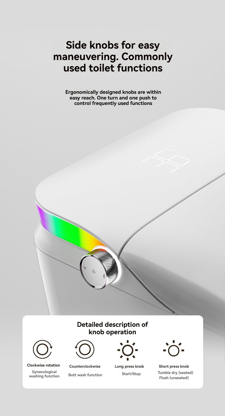 The V1 back outlet toilet features a sleek side knob for intuitive one-button control. Users can easily switch between rear wash, feminine wash, and flushing with a simple turn and press, offering a minimalist alternative to the remote