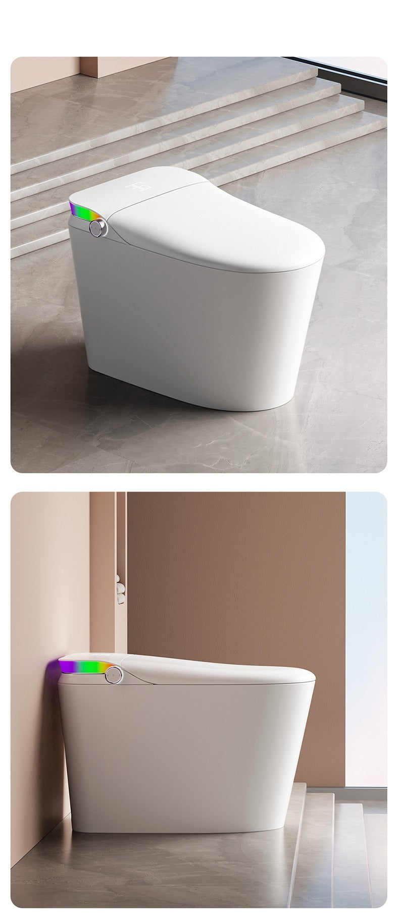 The V1 back outlet bidet toilet showcases a stunning minimalist aesthetic. Its floor-mounted, back-outlet design eliminates clutter, featuring a sleek, seamless white ceramic body that complements any modern luxury bathroom