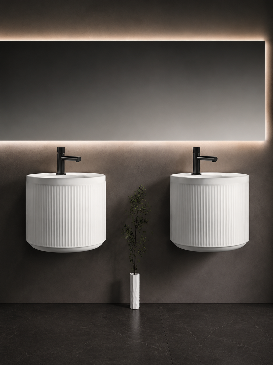 bbbidet white fluted wall-hung basin and matte black faucet set – front view