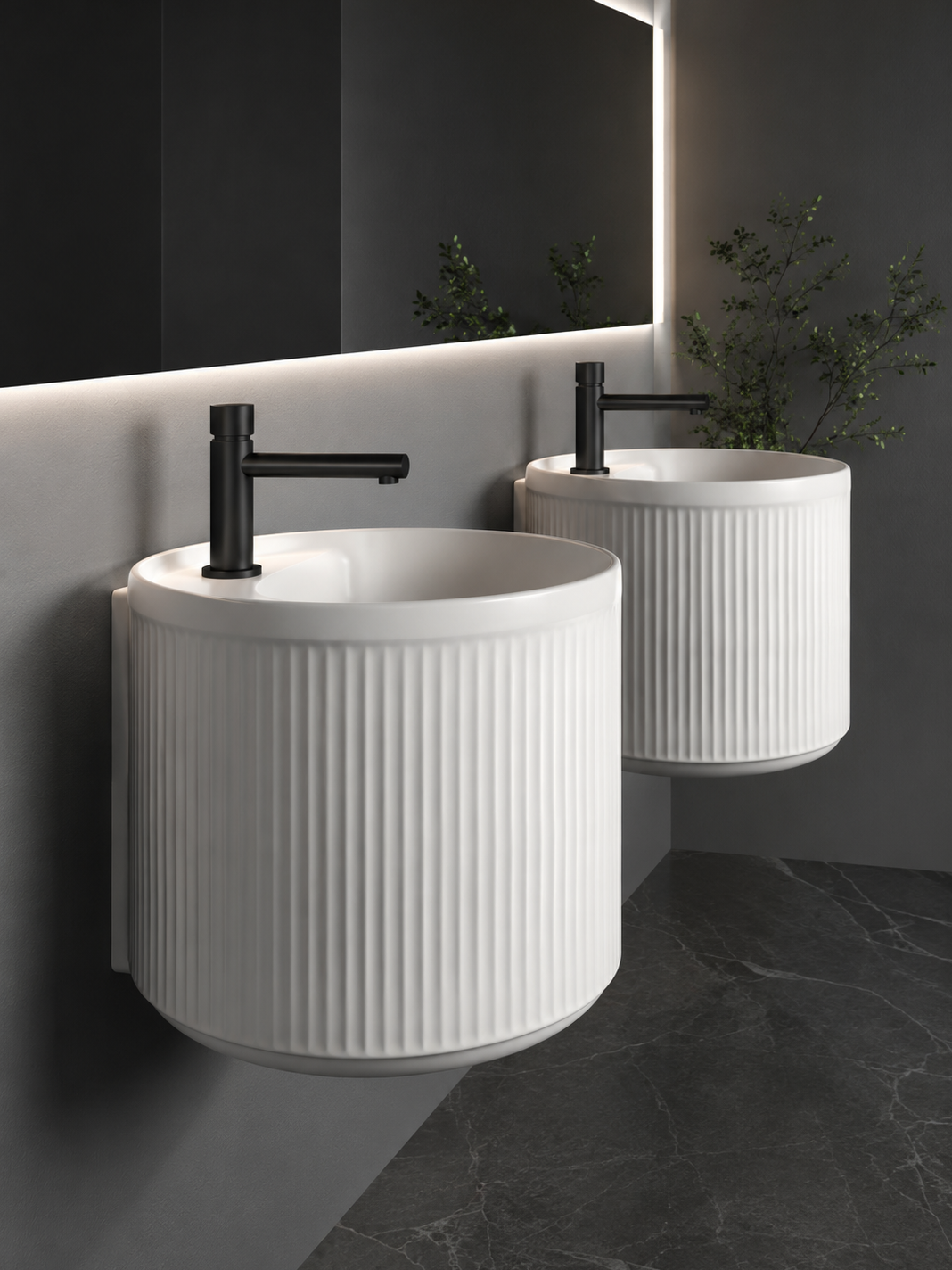 bbbidet fluted wall-hung basin and matte black tap – side view