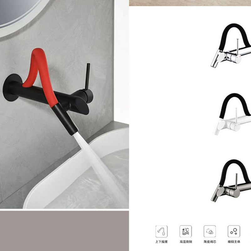 Product feature infographic for a wall-mounted bathroom faucet, demonstrating the flexible pull-out and swivel function of the red spout on the left, with alternative color variants and technical feature icons shown on the right