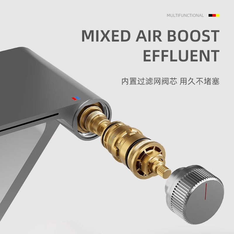 Air Boost Effluent System and Filter Valve Core for Waterfall Basin Faucet