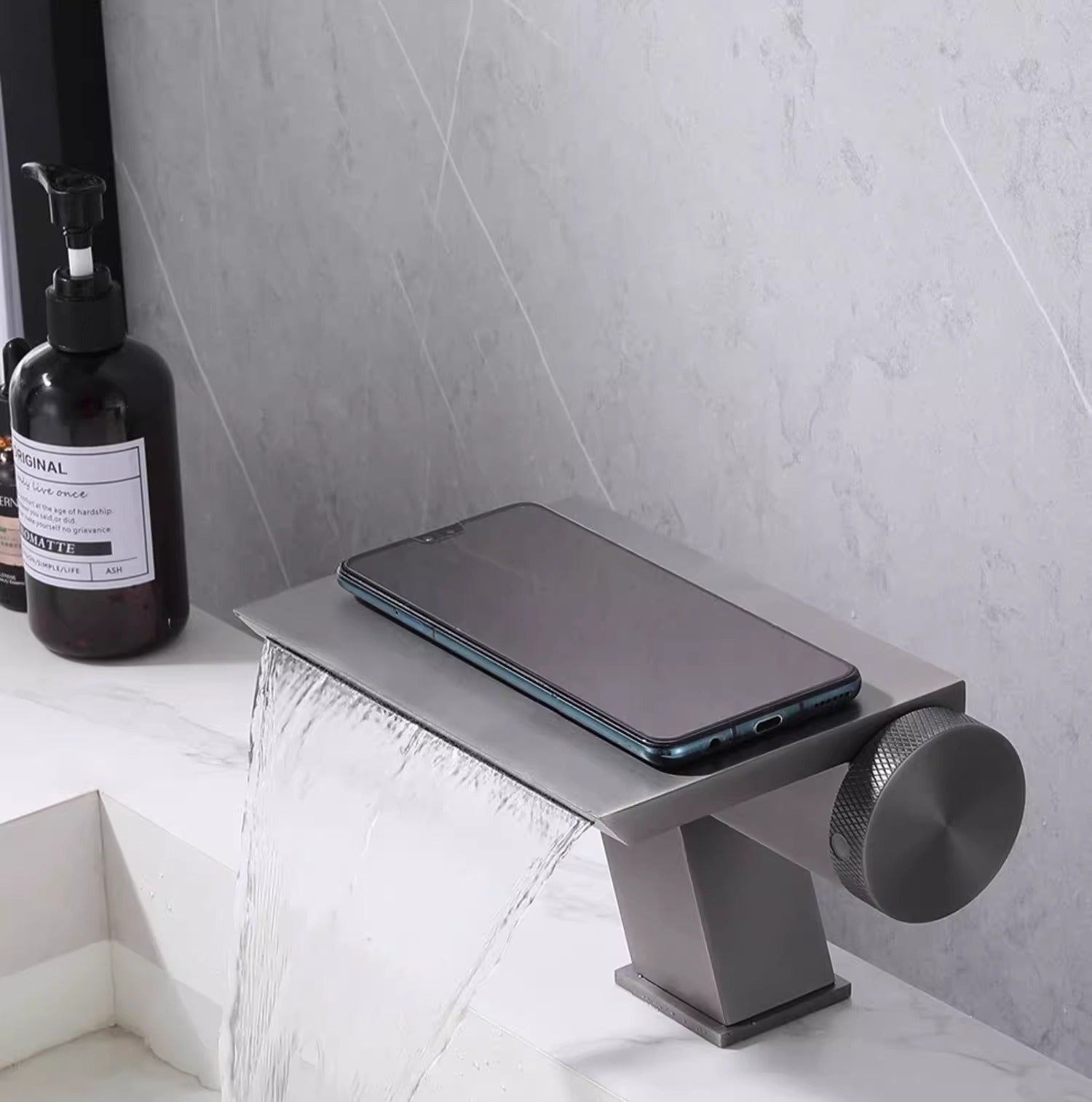 Space-Saving Bathroom Faucet with Integrated Phone Shelf and Waterfall Flow
